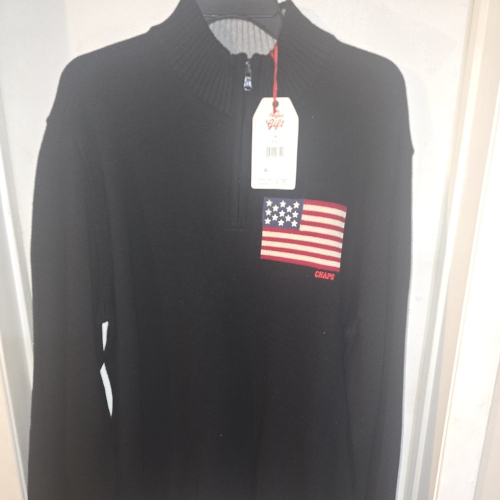 Chaps Black Half-Zip Sweater with American Flag Chest Patch